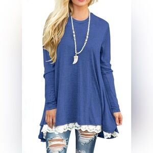 Women's Long Sleeve Lace Tunic Top Casual Swing Shirt Dress Size Small Blue